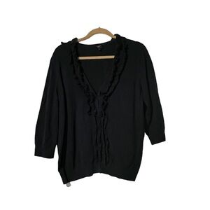 Talbots Ruffled V-Neck Sweater Pima Cotton Lightweight Black Size 3X Spring